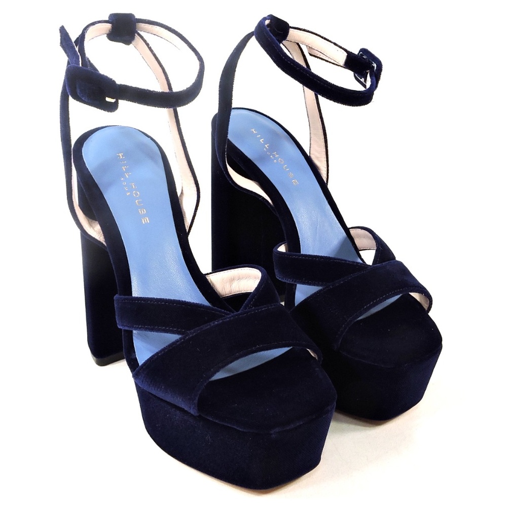 HILL HOUSE 🇮🇹 WOMEN'S BLUE VELVET FASHION HEELED SANDALS - Picture 2 of 9